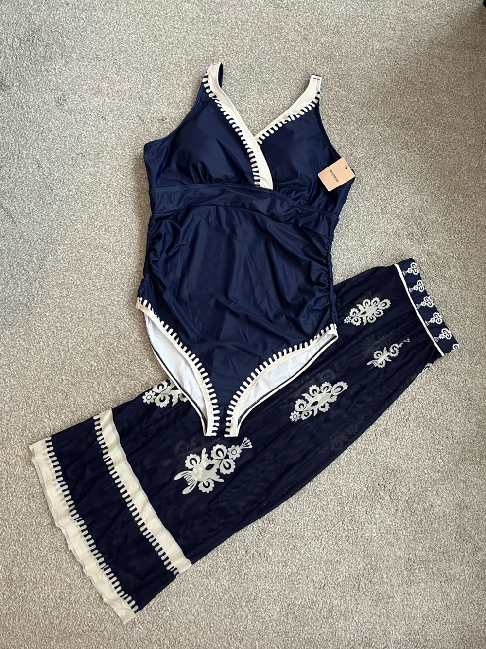 NWT BloomChic Navy/White Bohemian One-Piece Swimsuit & Coverup Skirt Size 18/20